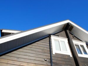 陽光を浴びる木目調の外壁