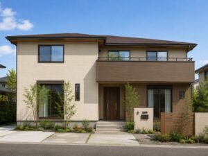 ベージュ×ブラウンのツートンカラー住宅・落ち着いた新築外観
